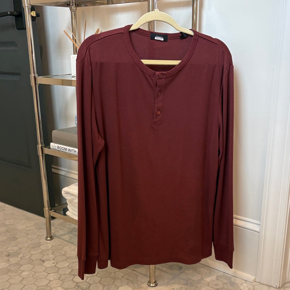 Theory Men's Long Sleeve Henley in Deep Red
